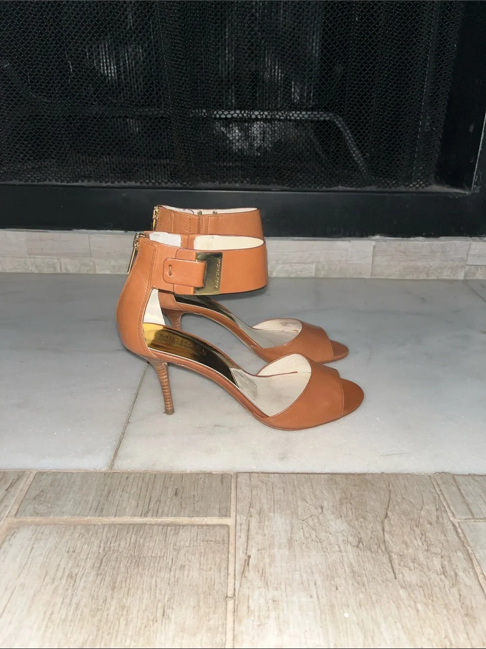 Michael Kors Tan Leather Open-Toe Ankle-Strap Heels